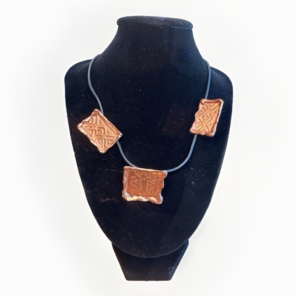 Artisan Handcrafted Textured Copper Pendant Necklace Triple Tab Boho Rustic